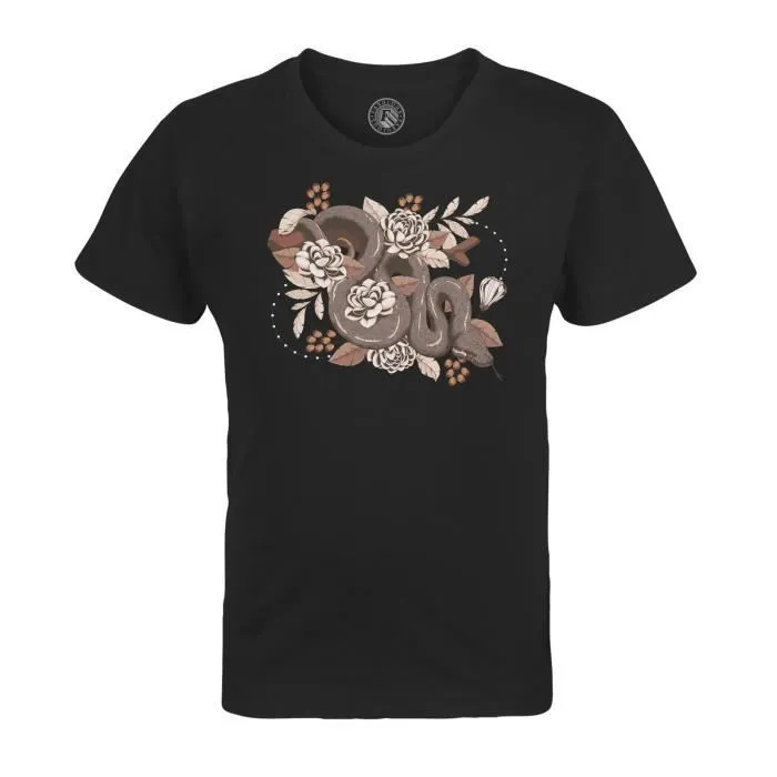 T-shirt Enfant Noir Serpent Floral Illustration Gothic Tatouage Dessin Original-0