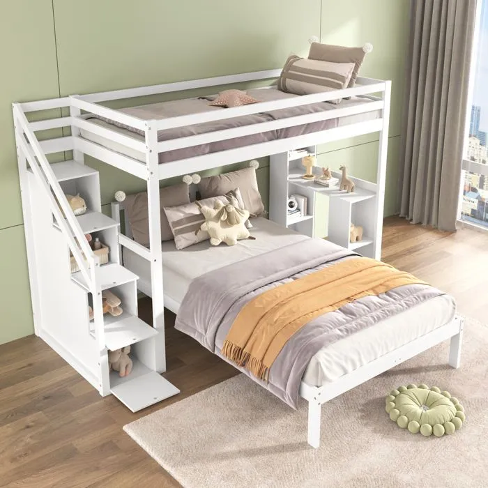Lit superposé enfant - Blanc - 90x200 cm + 120x200 cm - Bois massif et MDF - Bureau et rangement-3