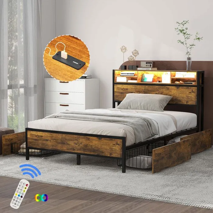Lit double 140x200 cm, cadre de lit adulte avec 4 tiroirs et étagères, LED et USB, structure en métal, style industriel, marron-0
