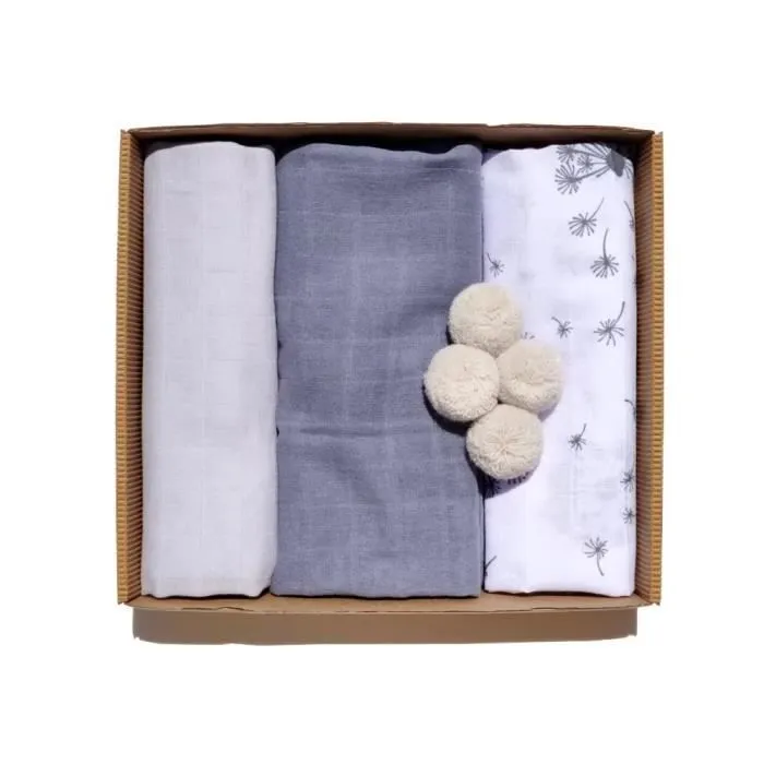Bellochi Lot de 3 Langes Coton Bébé avec Pompon - Lange Multifonctionnel pour Fille et Garçon - 100% Coton Doux - 60x80 cm - Gris-1