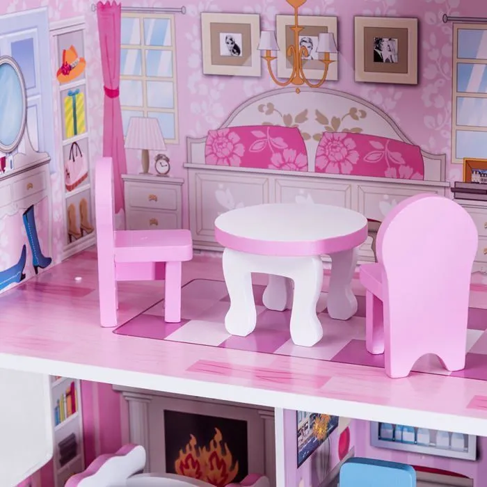COSTWAY Maison de Poupée en Bois - 13 Accessoires à 3 Etages 61 x 26,5 x 71 CM Cadeaux pour Enfants 3 Ans+ Rose.-4