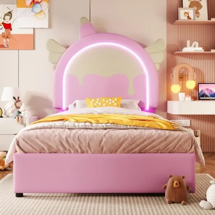 Lit enfant - Licorne - 90x200cm - 2 tiroirs - Sommier à lattes - LED rose-1