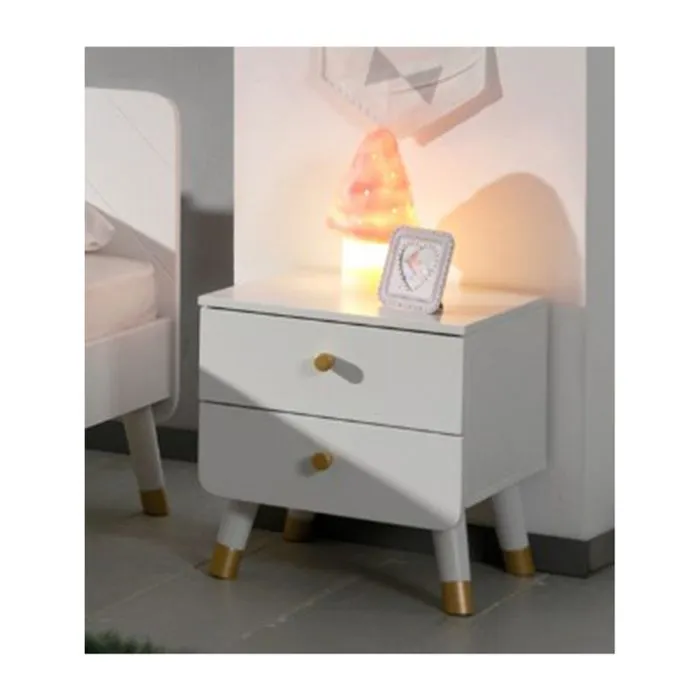 Chevet enfant blanc satin 2 tiroirs de rangement pieds oblique doré 40 Blanc-1