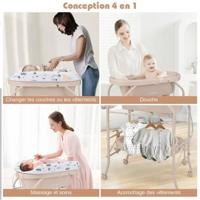COSTWAY Table à Langer Bébé avec Baignoire 20L 4 en 1 Pliante 4 Roues,Tuyau 1m,Plateau de Rangement Coussin PVC Imperméable Beige-1