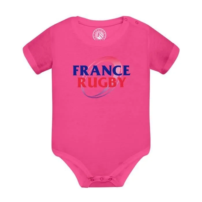 Body Bébé Manche Courte Rose France Rugby Sport XV Ballon Team-0