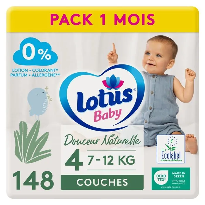 Lotus baby - 9625 - Douceur Naturelle - Couches Taille 4 (7-12 kg) Pack 1 mois - 148 Unite,Blanc-0