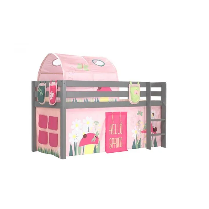 Lit mi-hauteur Charlotte en pin gris avec tente, tunnel et sacs de rangement Spring-1
