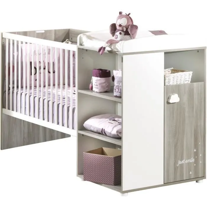 Lit Combiné - 120x60cm - Evolutif en 90x190cm - Babyprice Smile - Chêne silex-1