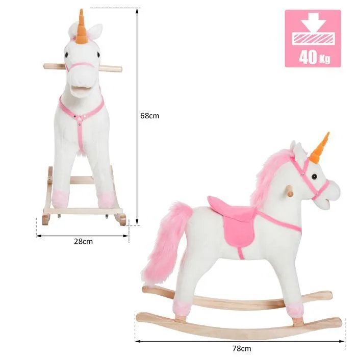 Cheval à bascule licorne à bascule selle grand confort peluche courte douce bois peuplier blanc rose-2