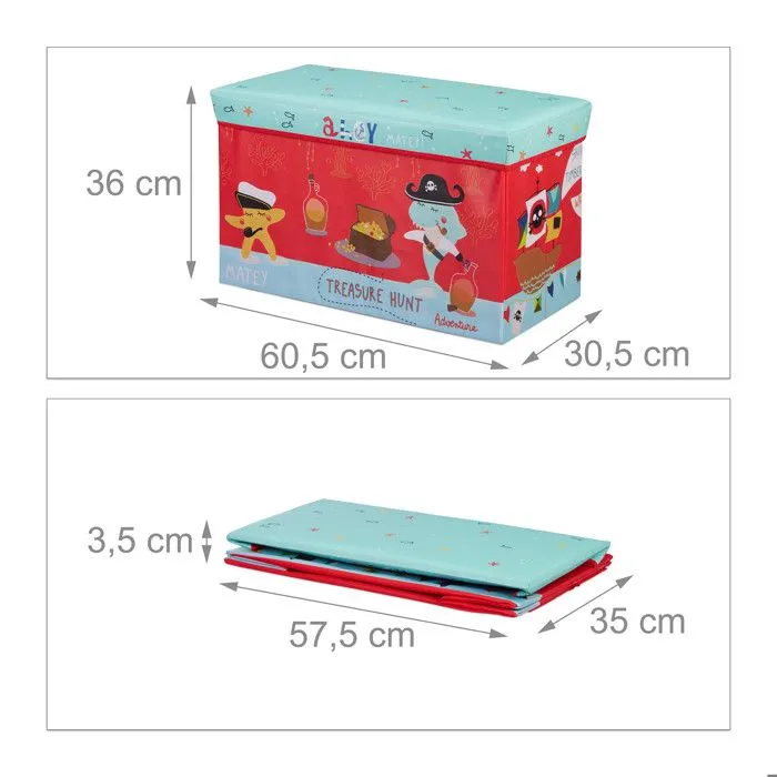 Relaxdays Tabouret Coffre à jouets boîte à jouets couvercle pouf enfant pliable rangement pirate 50L, rouge-3