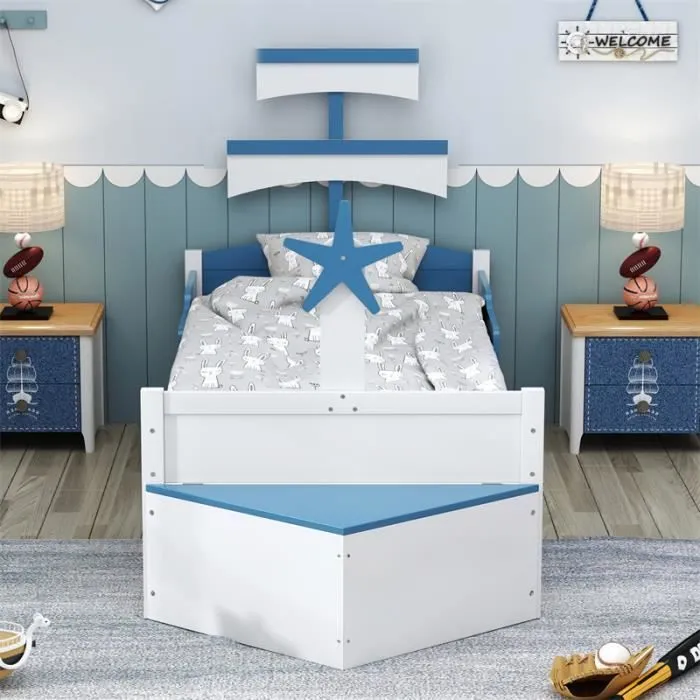 Lit simple enfant - DREAMMESPACE - 90x200cm - Design voilier - 1 tiroir - Métal et MDF-1