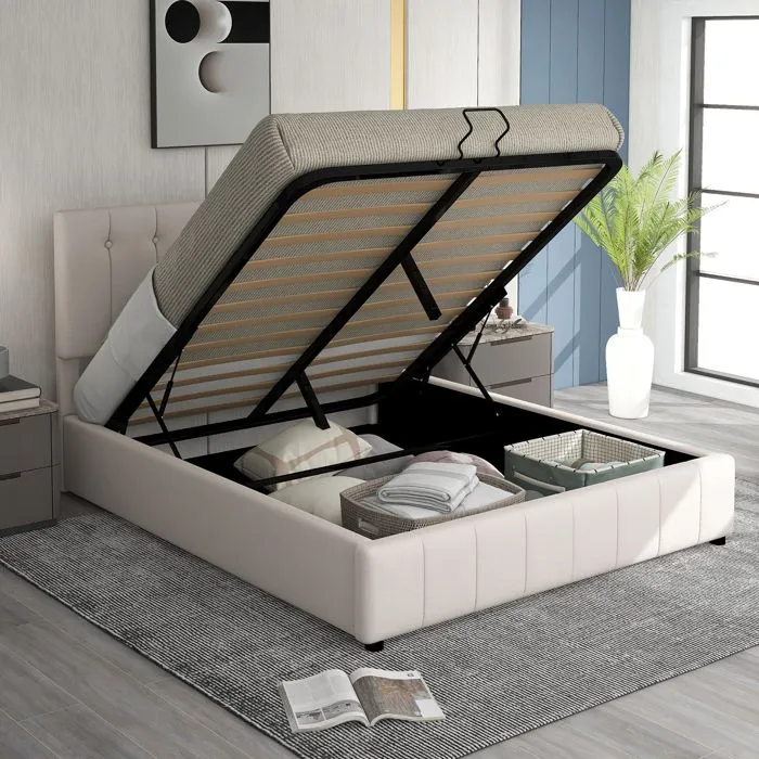 ModernLuxe Lit coffre adulte 140x200cm, lit double contemporain, en velours, avec sommier + espace de rangement, beige-2