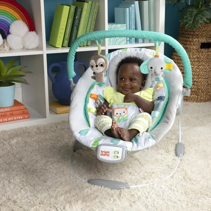 BRIGHT STARTS Transat bébé Jungle Vines, vibrations apaisantes, barre de jouets amovible, jusqu'à 9 mois-2