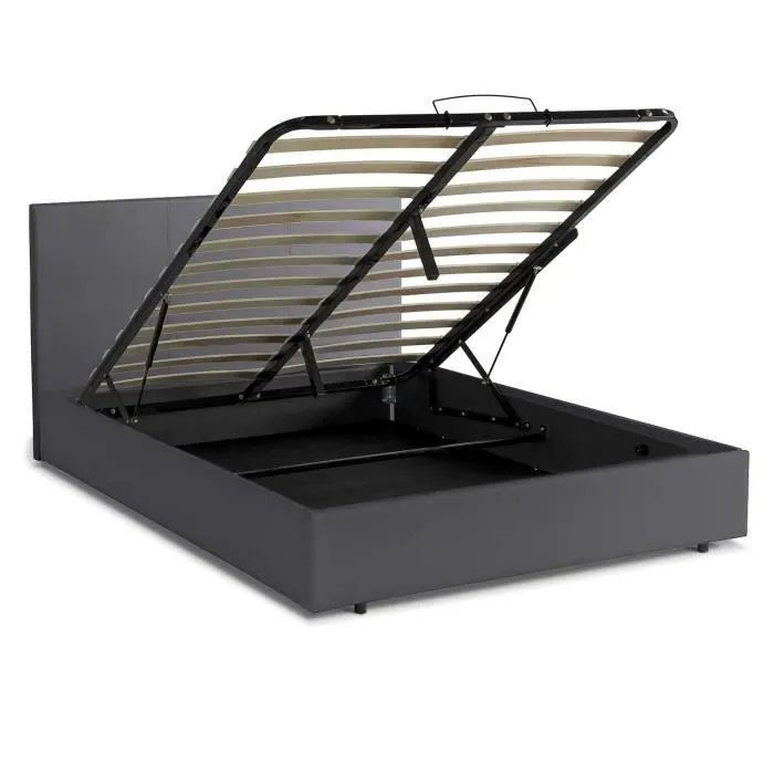 Lit Coffre Majestueux 90x190 Gris Sampur | Sommier à Lattes Inclus | Simili Cuir | Rangement Pratique Space-D | Solide & Durable-0