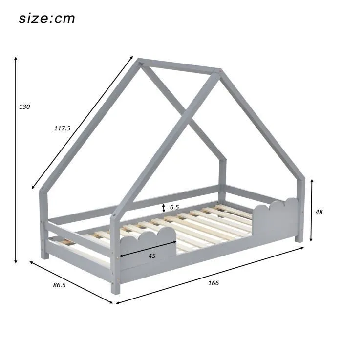 Lit cabane enfant 80x160cm bois de pin lit enfant maison d'enfant avec protection antichute et sommier à lattes, gris-3