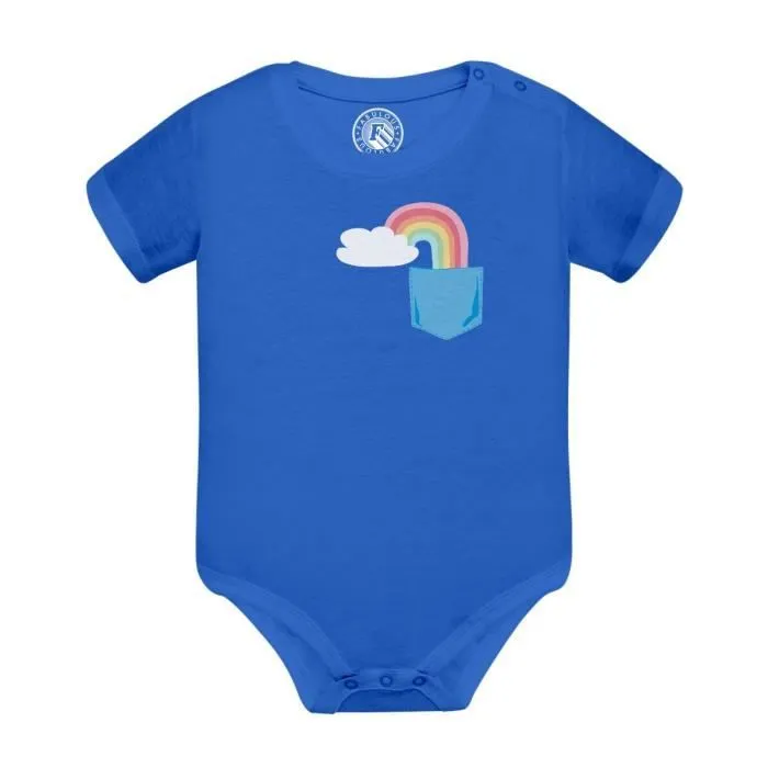 Body Bébé Manche Courte Bleu Poche Surprise Arc-en-Ciel Bonheur Mignon Dessin-0