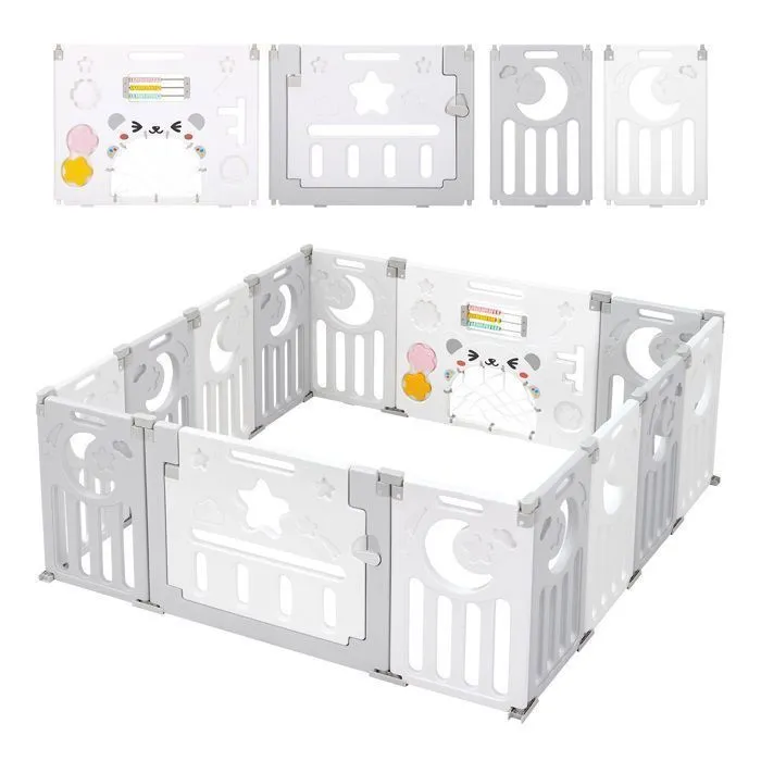 Parc Bébé Plastique Pliant 12+2 Panneaux d’Activité et Porte Barrière Sécurité Enfant Protection Intérieur Gris-0