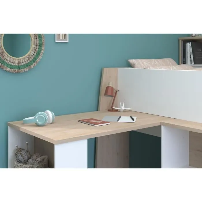PARISOT Lit combiné enfant avec bureau rétractable - Décor blanc et chêne - 90x 200 cm - Sommier inclus -THEO-6
