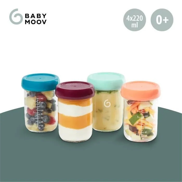 BABYMOOV Babybols lot 4 pots de conservation bébé en verre 220ml, couvercles hermétiques & réinscriptibles, gradués-2