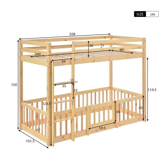 Lit superposé enfant 200 x 90 cm avec escalier, Lit enfant avec barrières et porte en bois massif, Chêne-3