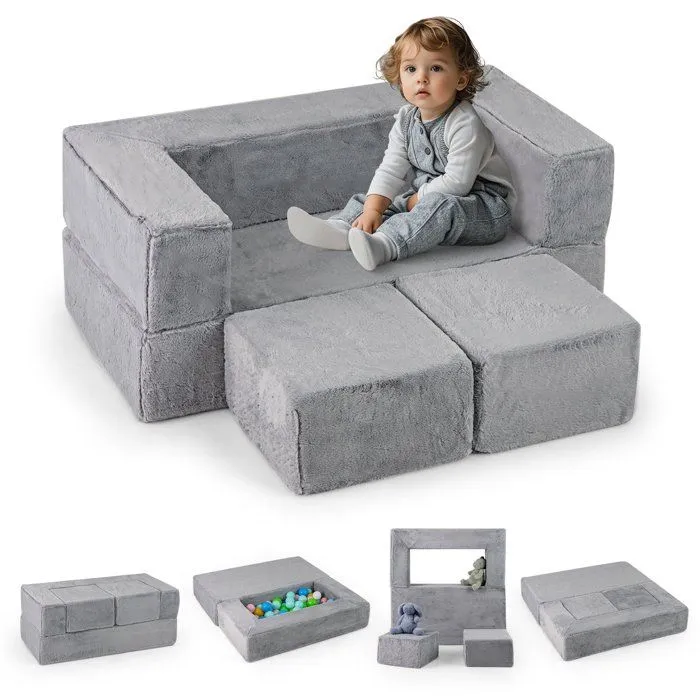 COSTWAY Canapé Modulaire pour Enfants 3 Pièces Convertible en Mousse, Canapé-lit Pliable pour Chambre, Salon, 100 x 52 x 42cm, Gris-0