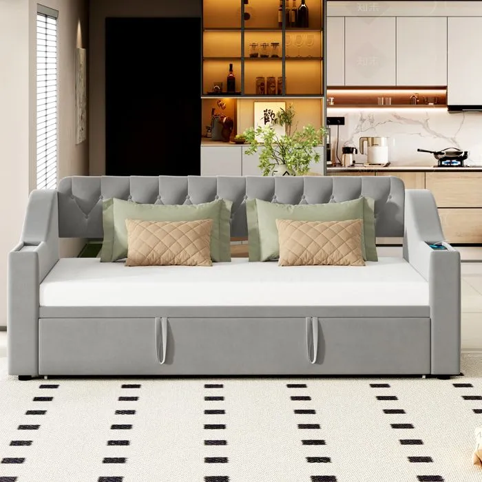 Lit gigogne - Canapé-lit - 90/180x190cm - Velours gris - Rangement intégré - Charge USB-1