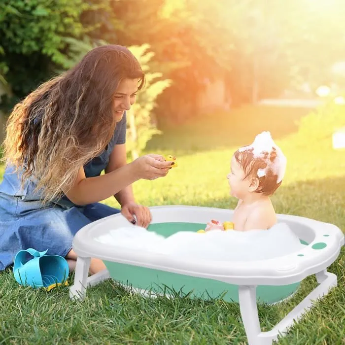 Baignoire Pliable pour Bébé avec Coussin de Bain Bassin de Douche Portable, Antidérapante, pour Nouveau-né, Bébés de 0 Mois+, Vert-0
