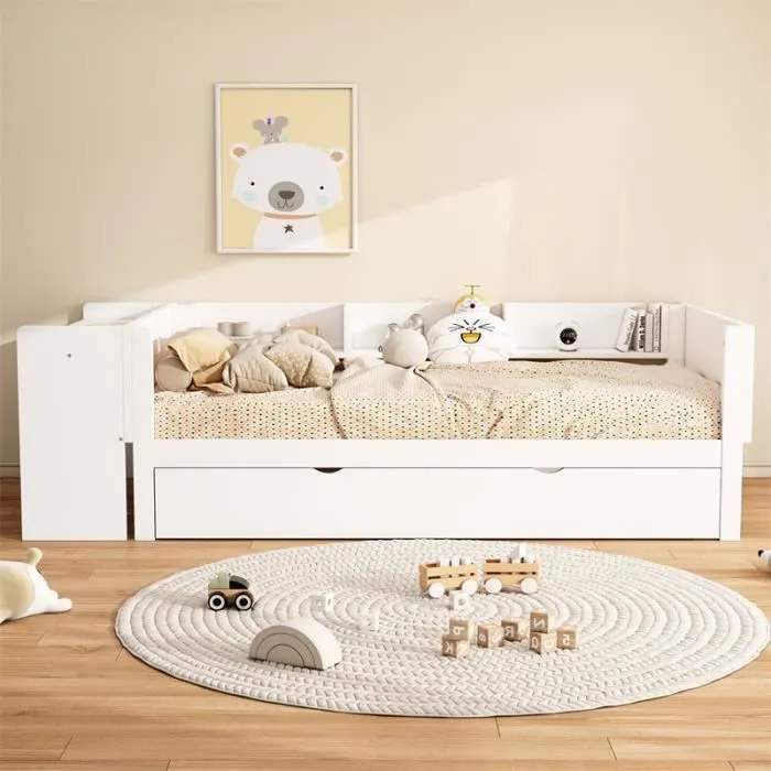 Lit gigogne 90x200cm+90x180cm, avec petit bureau, trois étagères sur le côté du lit, blanc-1