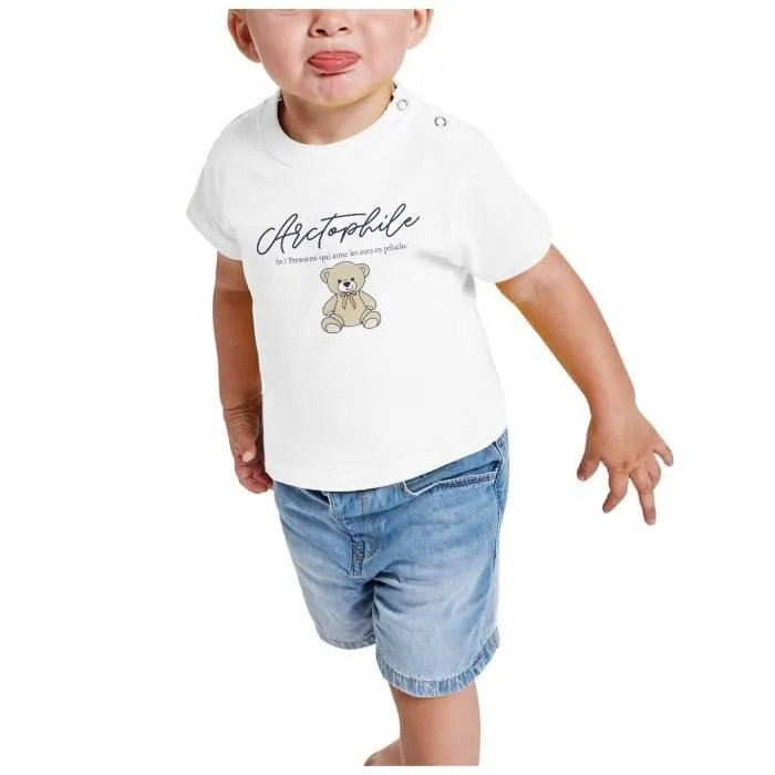 T-shirt Bébé Manche Courte Blanc Arctophile Ours en Peluche Ourson Collectionneur-1