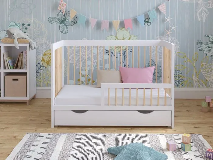 Lit Bebe Evolutif avec tiroir en Bois Pin Blanc 120x60cm, Transformable en Un Canapé-lit avec Une Barrière de Sécurité-0