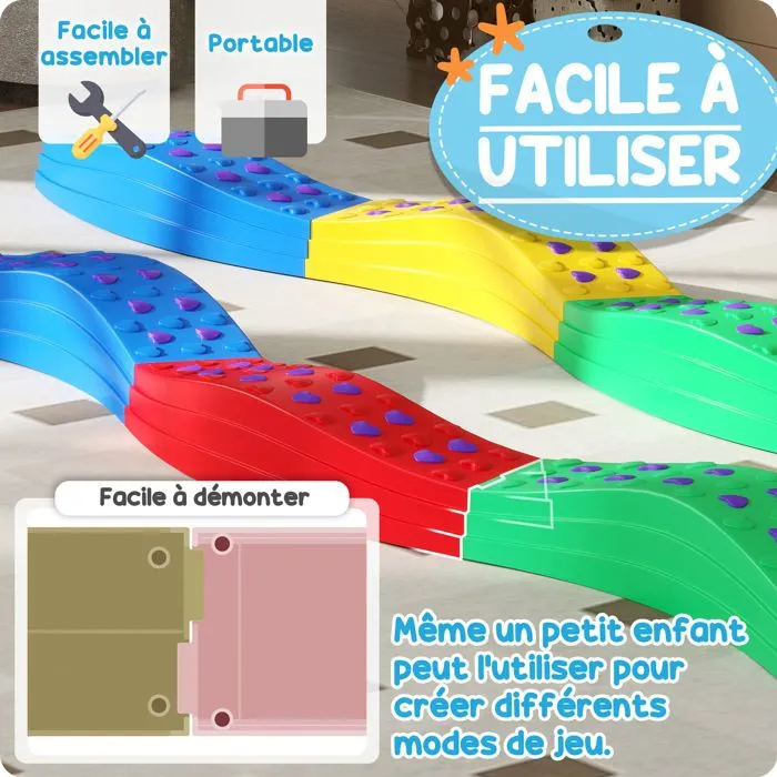 Poutre d'équilibre pour enfants 3-8 ans AIYAPLAY 8 pierres de pas ondulées avec surface exturée antidérapante et tapis de fond-5