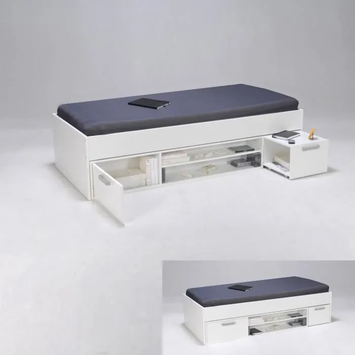Lit enfant TESS contemporain mélaminé blanc - l 90 x 190 cm - Chevet et rangement intégrés-3