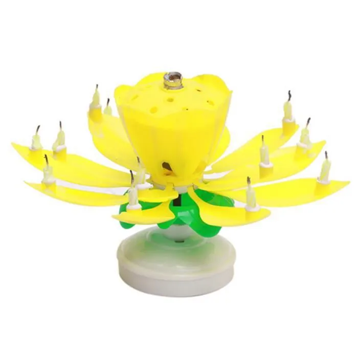 Bougie d'Anniversaire Fleur Lotus Rotation Musique Décoration Gâteau Fête Couleur Jaune-2