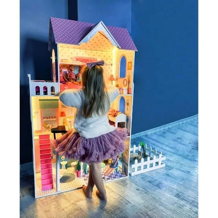 Grande Maison de Poupées en Bois Mamabrum, Éclairage LED, Jardin, 3 Étages,  4 Pièces,  Meubles Mobiles Piano, Lit, Canapé, Cuisine-1