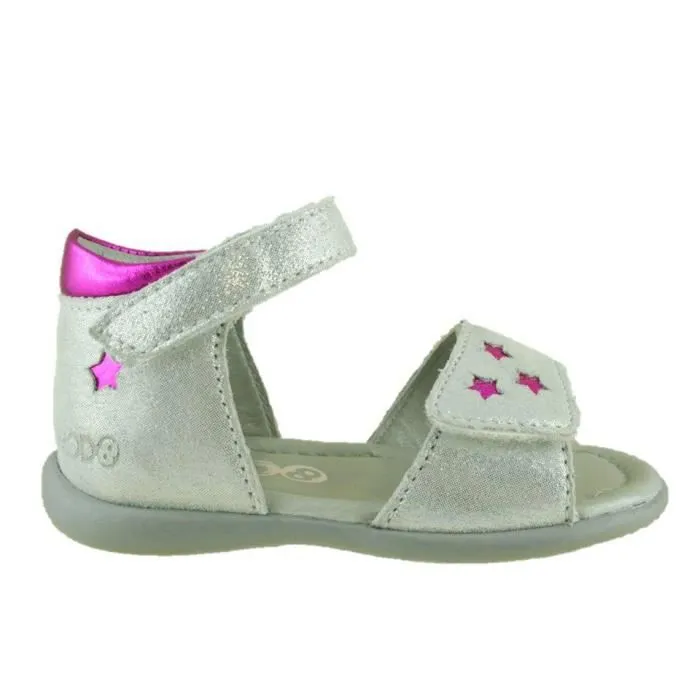Sandales fille - MOD8 - Garance - Cuir et tissu argenté - Étoiles fuchsia - Scratch-0