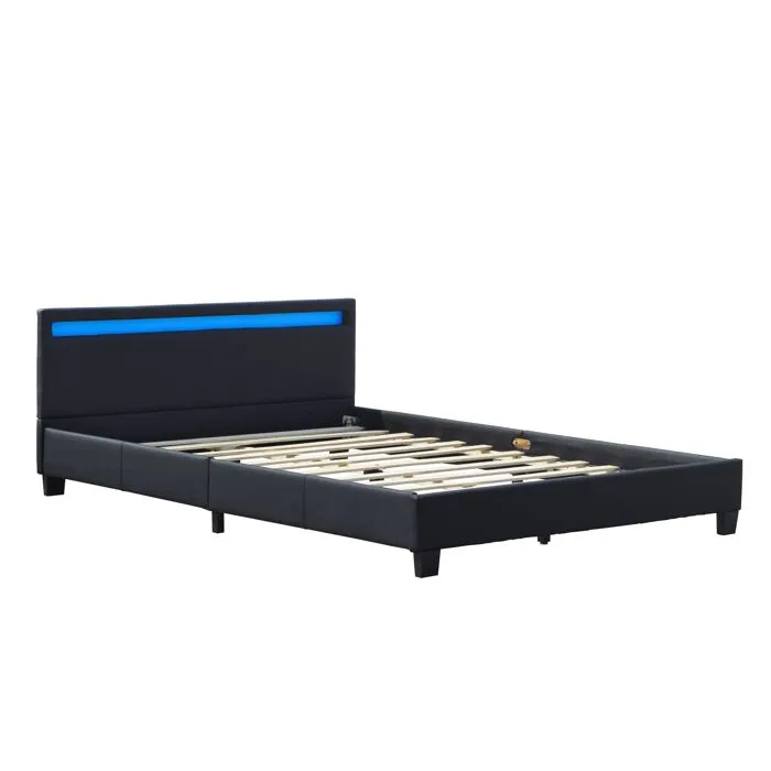 angel - Solide et Confortable Lit 160x200 avec Sommier Tte de Lit avec Eclairage LED Couleur NOIR Pieds en 10-4