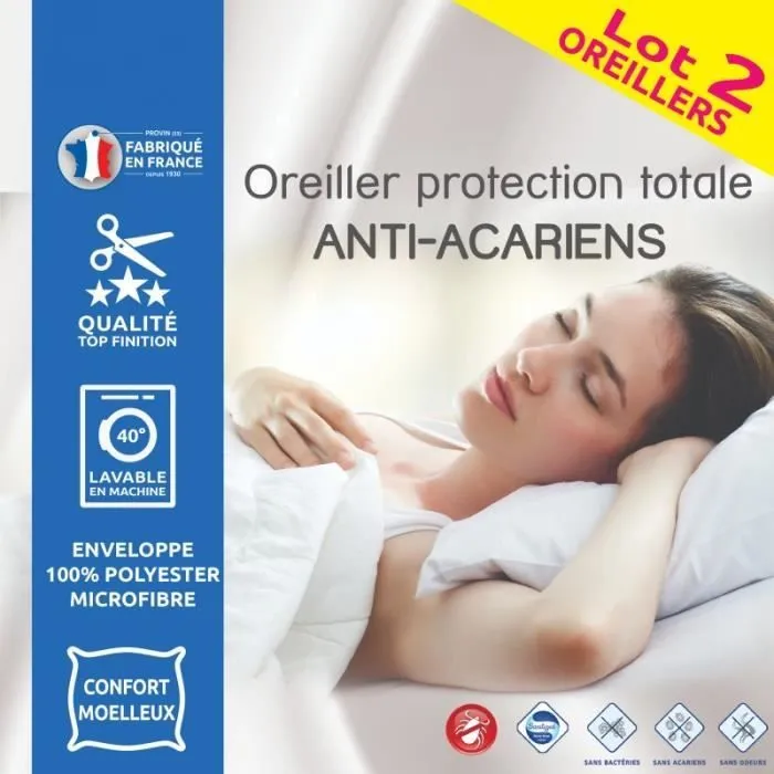 Lot de 2 Oreillers 60 x 60 cm "Protection totale Anti-Acariens"-0