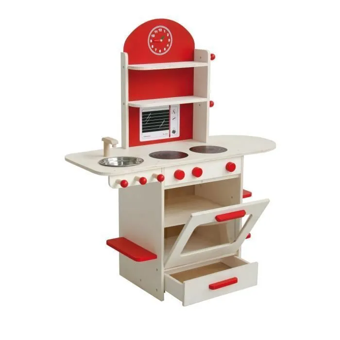 Cuisine Enfant en Bois ROBA - Naturel/Rouge - Jeu de rôle avec Four, Plaques de Cuisson, Évier et Robinet-1