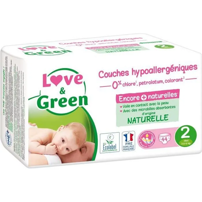 LOVE AND GREEN Couches Taille 2 - Certifiées Ecolabel et hypoallergéniques T2 x 44 (3 à 6 kilos)-0