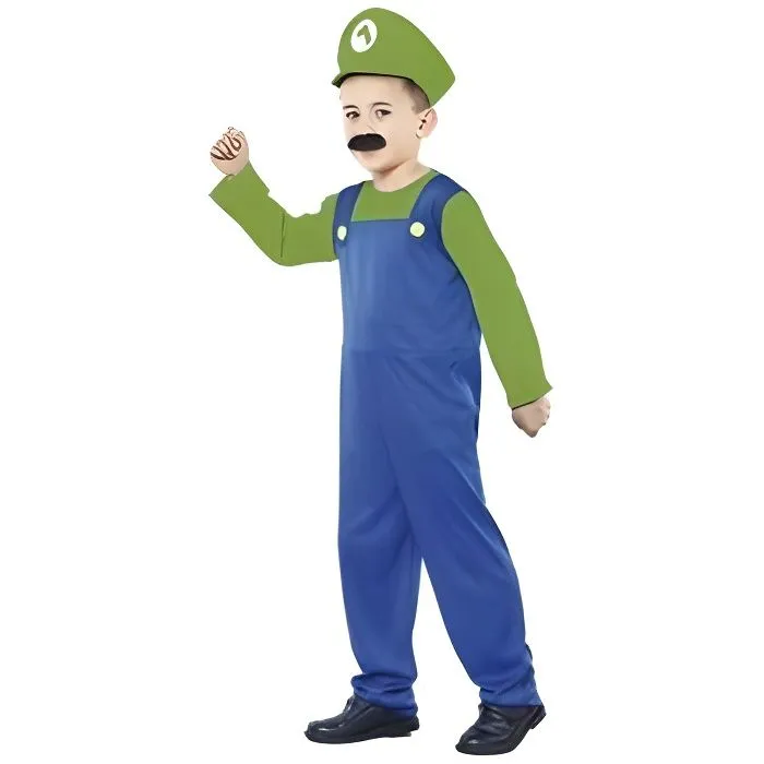 Déguisement Plombier Luigi Enfant 7-9 ans - Mario - Combinaison + Casquette - Bleu et Vert - Polyester-0