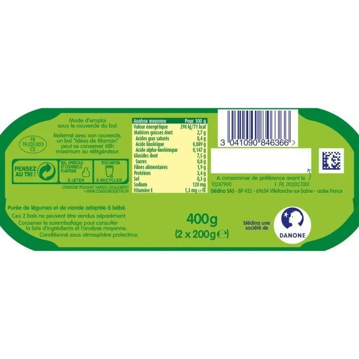 BLEDINA Les idées de maman Légumes verts boulghour dinde - 2x200 g - Dès 12 mois-3