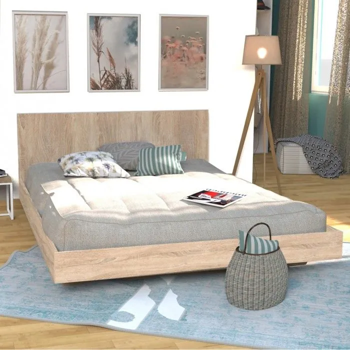 Lit LOFT 140x190 + 1 sommier + tête de lit / Décor Chêne blanchi-1