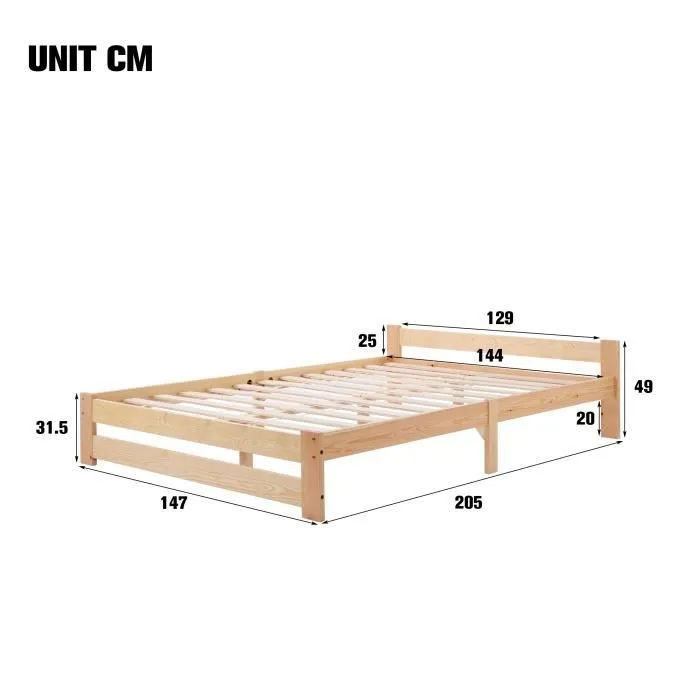Lit double - Naturel - 140x200 cm - Bois massif - Tête de lit incluse - Montage facile-3
