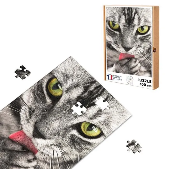 Puzzle Classique - FABULOUS - Chat Tigré Yeux Vert Langue Rose - 100 Pièces - Mixte - Intérieur - Adulte-0