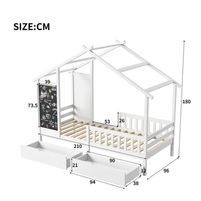 Lit cabane 90x200cm - DREAMMESPACE - Avec toit et tableau noir - 2 tiroirs - Pin massif - Blanc-3