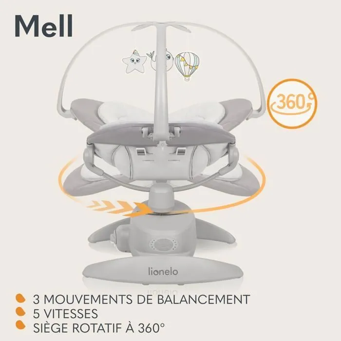 Balancelle bébé 360° LIONELO Mell - 12 mélodies - 6 modes - Télécommande - Bluetooth - Gris-3