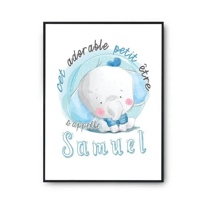 Affiche bébé prénom Samuel Éléphant | Poster pour chambre bébé et enfant pour décoration murale qualité papier Premium A4-0