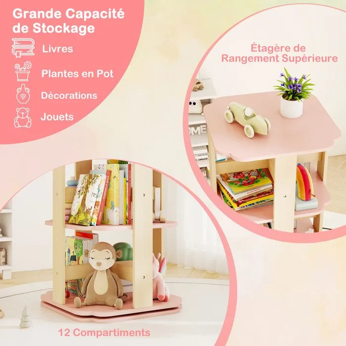 COSTWAY Bibliothèque Rotative à 360° - Étagère à Livres pour Enfants à 3 Niveaux avec 12 Compartiments 48 x 48 x 95,5 cm-3