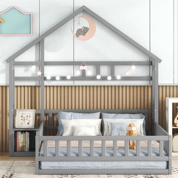 Lit cabane - DREAMMESPACE - 140x200 cm - Bois massif - Gris - Avec chevets-1
