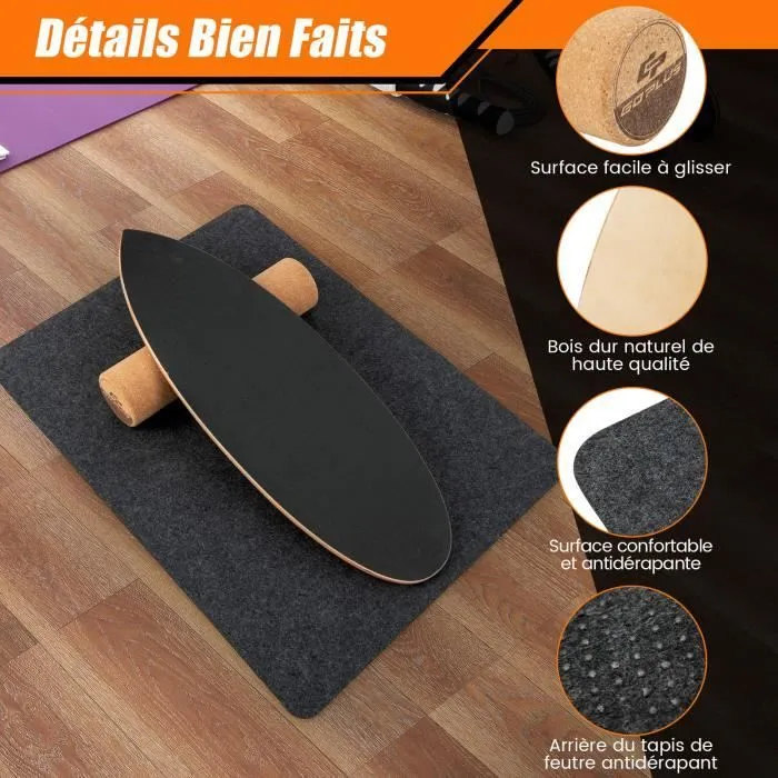 COSTWAY Planche d Équilibre en Bois avec Rouleau de Liège et Tapis Antidérapant Charge 227 KG Composé de 8 Couches de Bois Noir-1